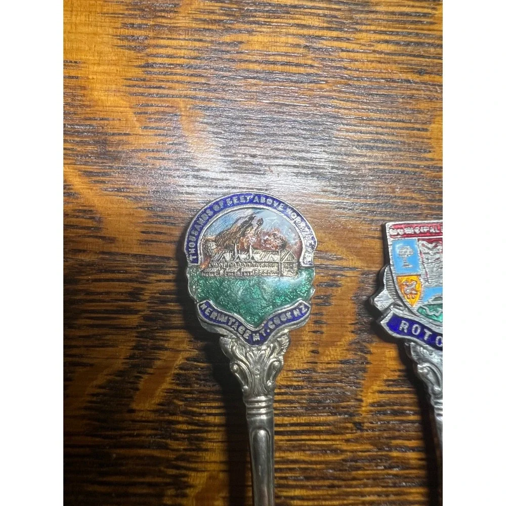 Vintage Silver Souvenir Spoon Set Lot Enamel Rotorua Queenstown Mt Cook EPNS 6pc